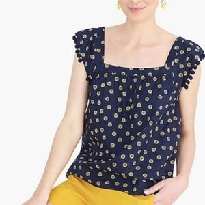 J Crew NWOT Square-Neck Navy Blue Floral Yellow Daisy Print Cotton Poplin Top